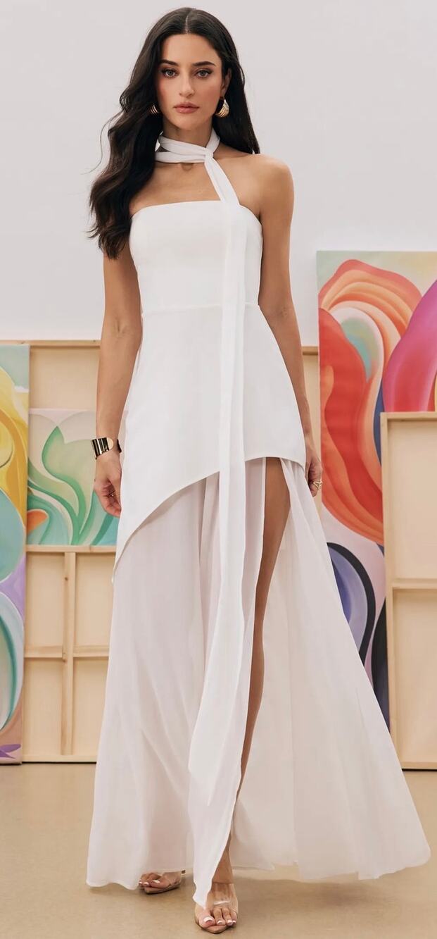 NWT Sunfere White Florence Asymmetrical Chiffon Maxi Dress with Scarf-Size L